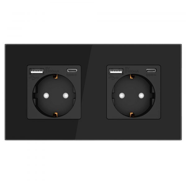 Steckdose mit USB A x2 + USB C x2 2-Fach mit Glasrahmen