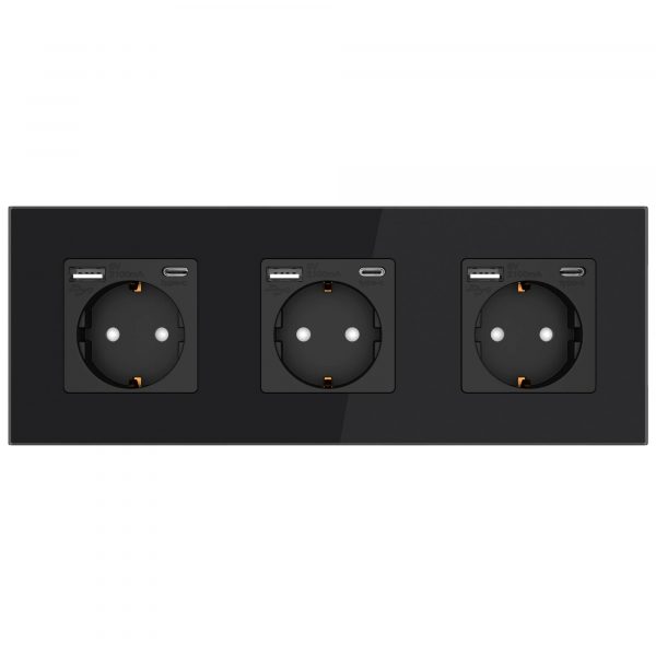 Steckdose mit USB A x3 + USB C x3 3-Fach mit Glasrahmen