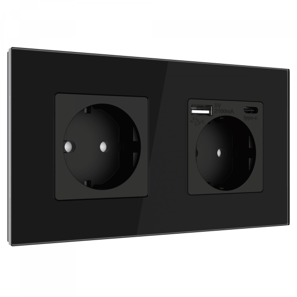 Steckdose mit USB A + USB C 2-Fach mit Glasrahmen